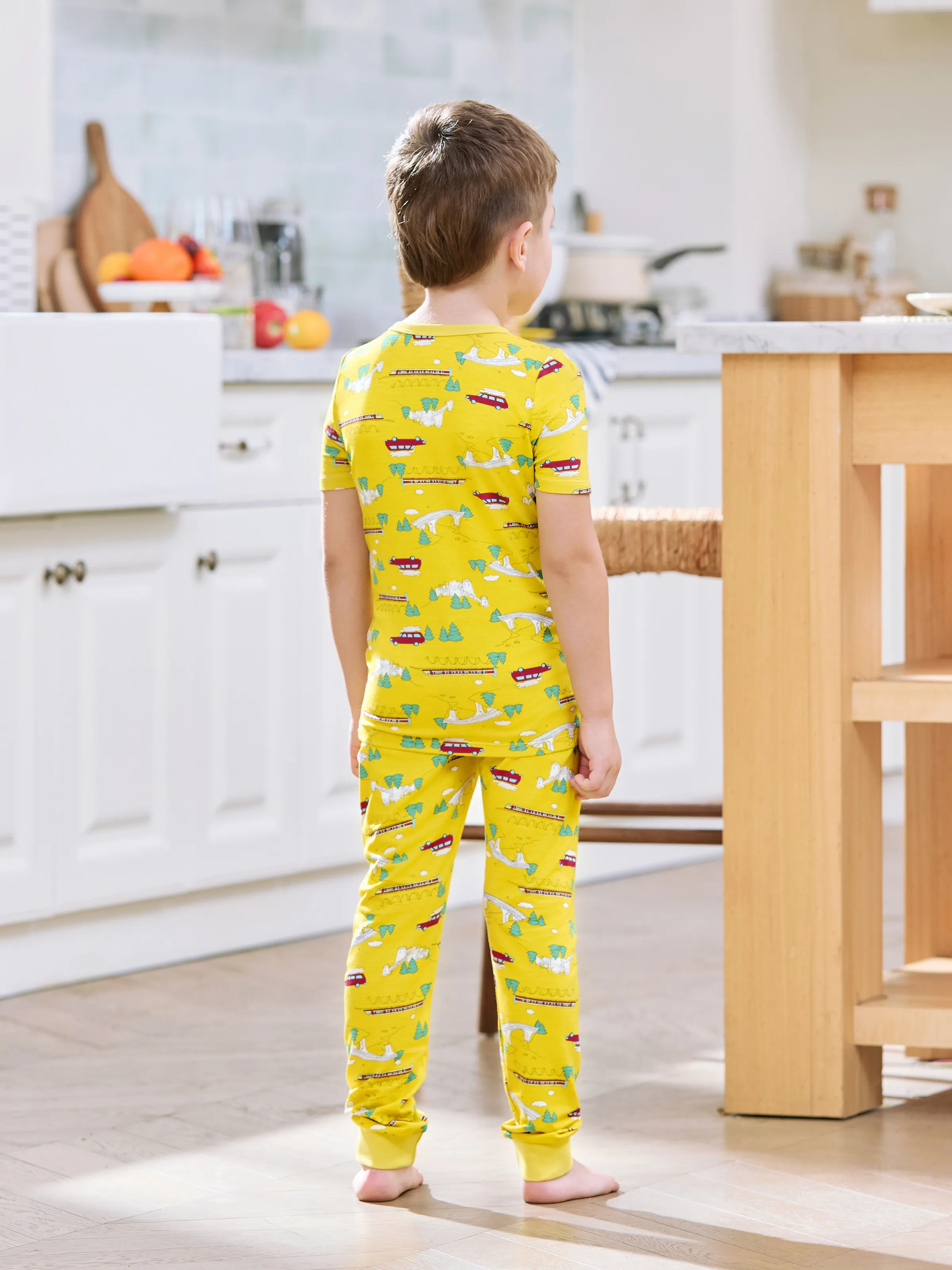 

Bamboo Family Yellow PJs Cute Car and Tree Print Short Sleeve & Long Pants Sleepwear Matching Pajama set (Snug-Fitting for Children)