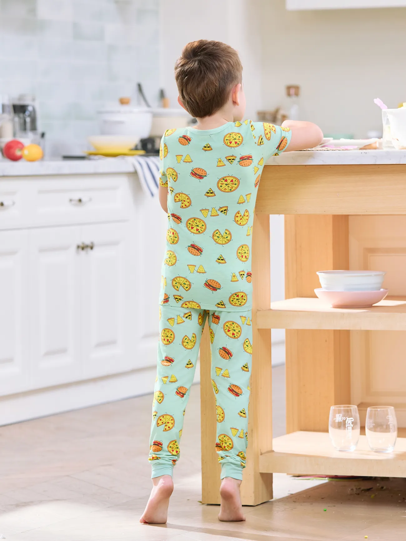 Kids - Family Matching Bamboo Pajamas Light Blue - Cartoon Food Theme Print Short Sleeve & Long Pants - Light Blue - image 8