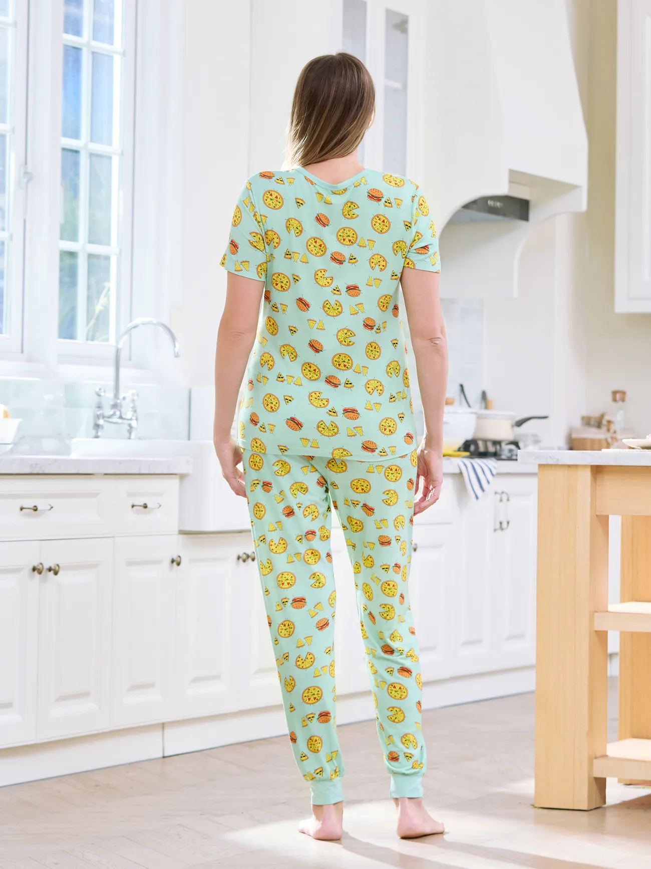 Women - Family Matching Bamboo Pajamas Light Blue - Cartoon Food Theme Print Short Sleeve & Long Pants - Light Blue - image 3