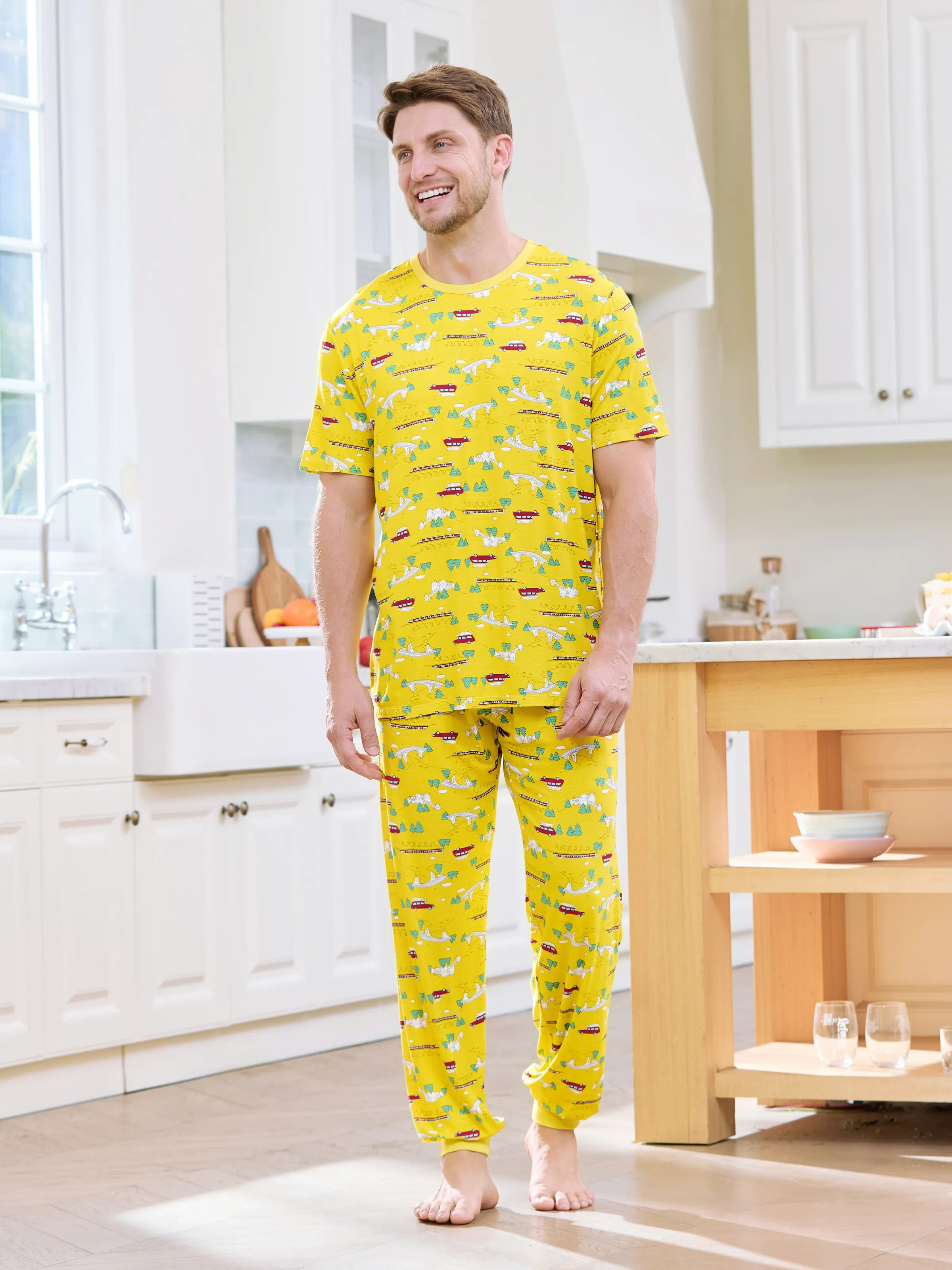 

Bamboo Family Yellow PJs Cute Car and Tree Print Short Sleeve & Long Pants Sleepwear Matching Pajama set (Snug-Fitting for Children)