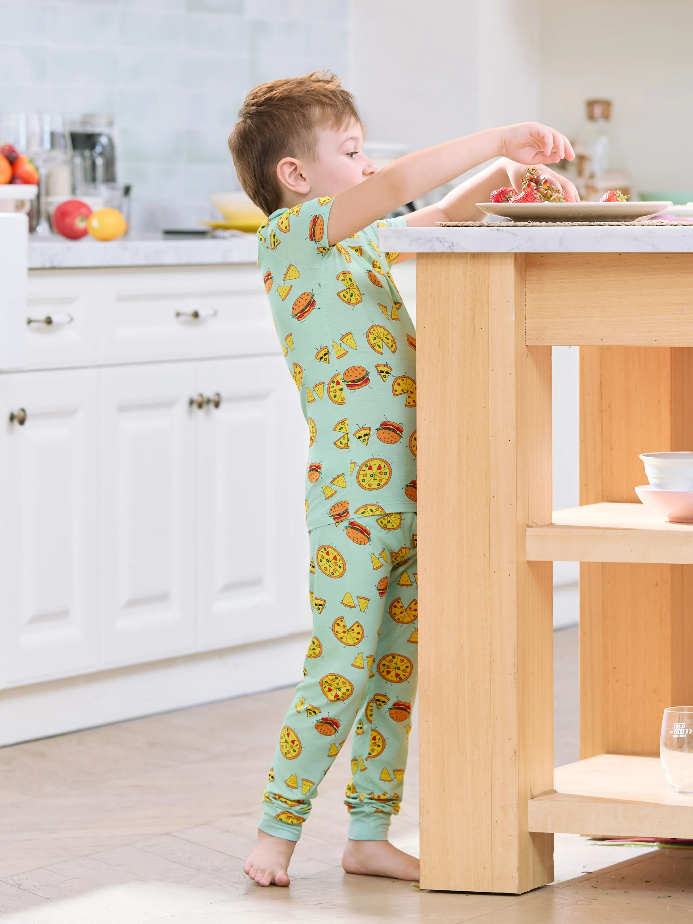 

Bamboo Family Mint Green PJs Cute Cartoon Food Theme Print Short Sleeve & Long Pants Sleepwear Matching Pajama set (Snug-Fitting for Children)