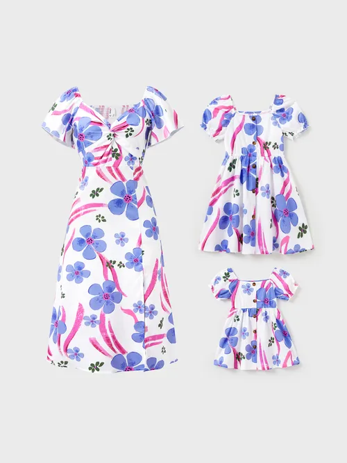 Family Matching Outfits Floral Print Smocked Back V-neck Summer Vacation Dress for Mommy and Me