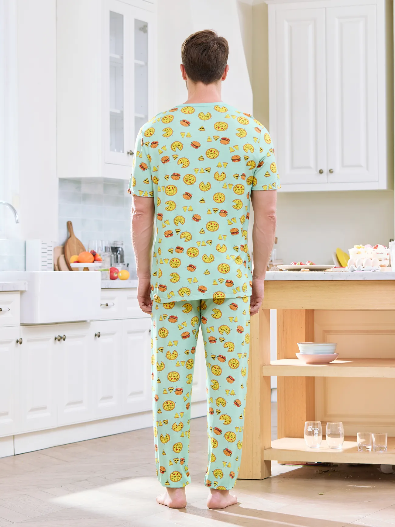 Men - Family Matching Bamboo Pajamas Light Blue - Cartoon Food Theme Print Short Sleeve & Long Pants - Light Blue - image 18
