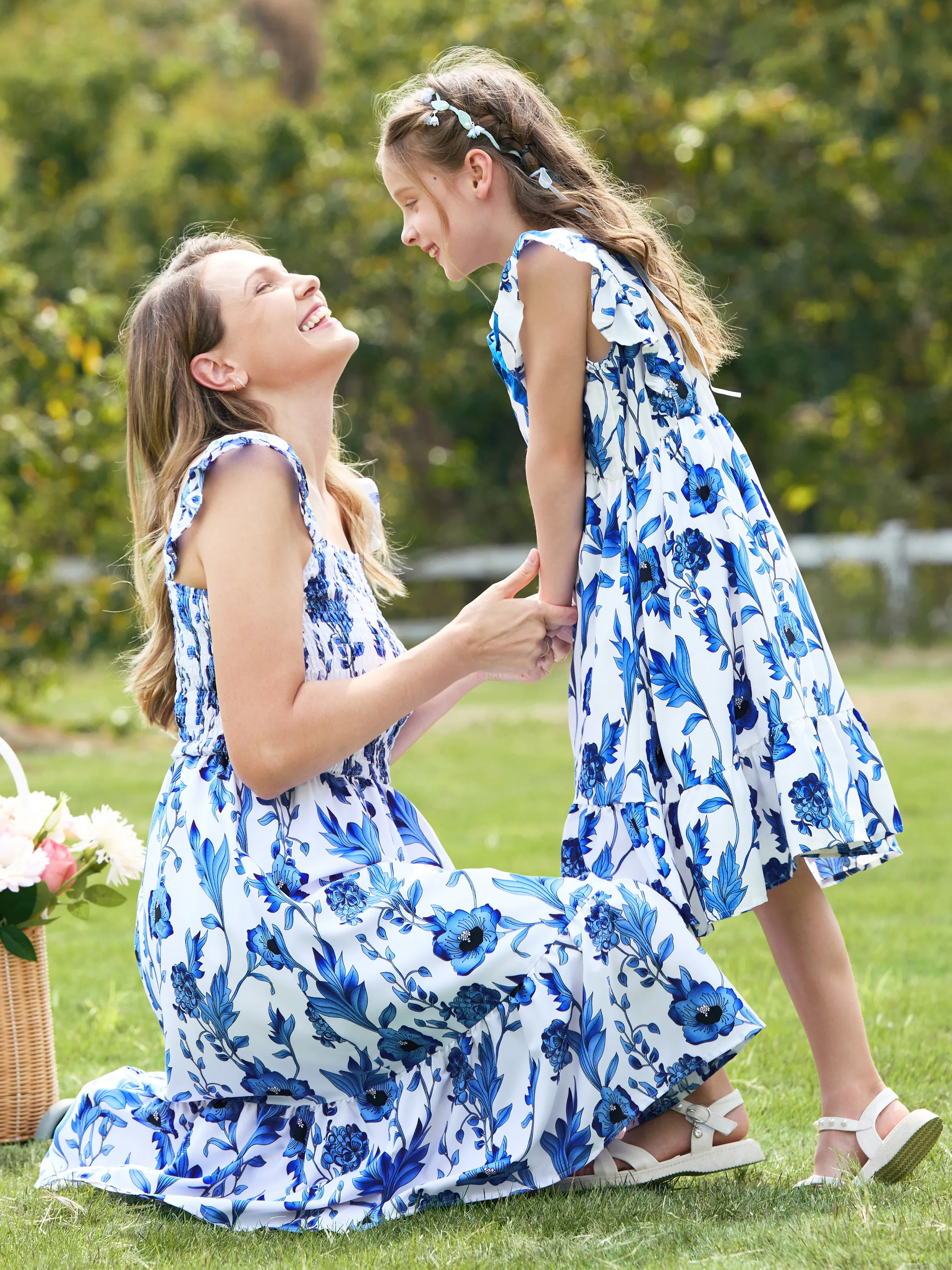 Mommy and Me Blue Floral Shirred Top Ruffle Hem Strap Dress 