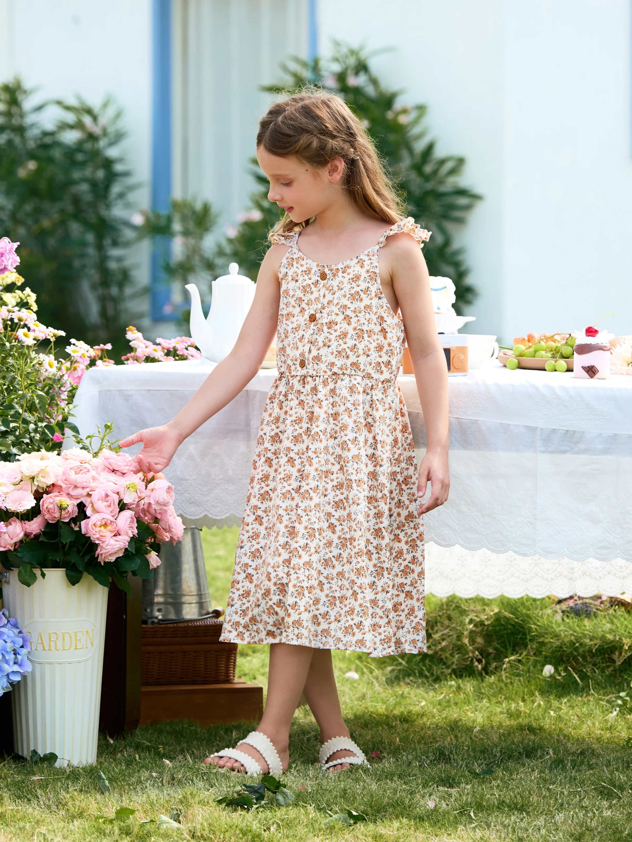 

Mommy and Me Beige Ditsy Floral Patterned Shirred Top Button Front Strap Dress
