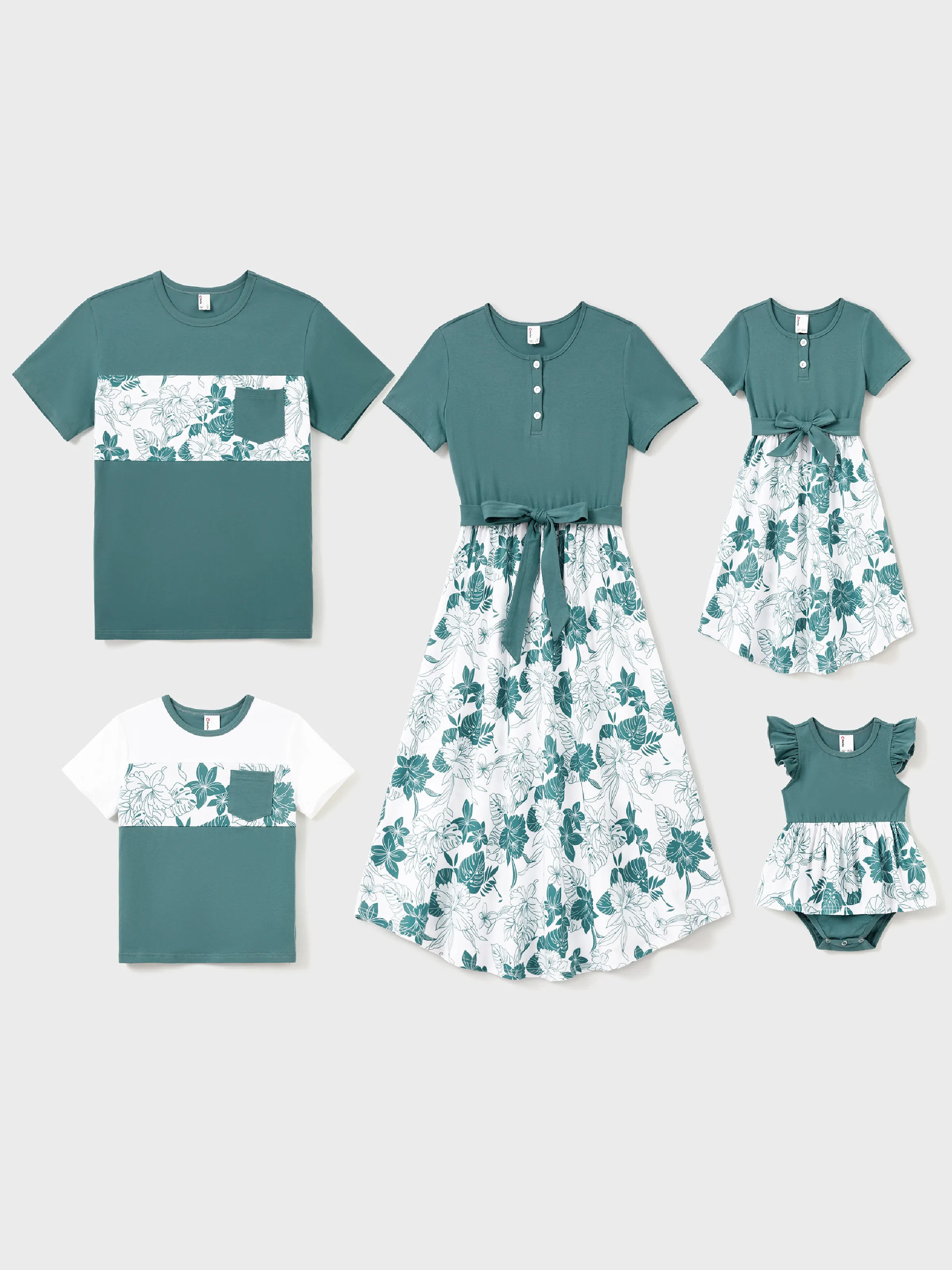 

Floral Matching Family Outfits Green Botanical Print Dresses for Mom and Daughter, Dad and Son T-Shirts, Baby Girl Romper Summer Photo Shoot Outfit