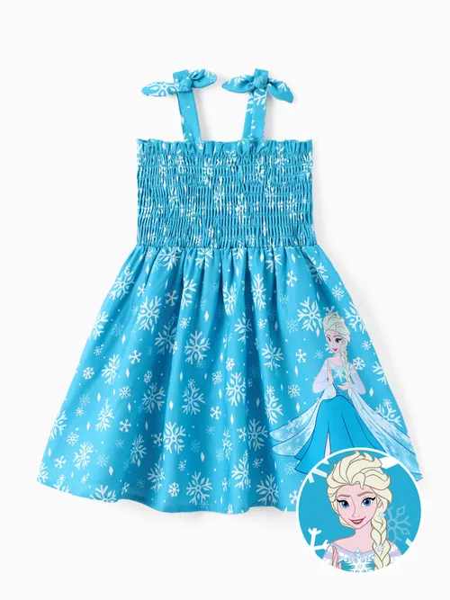 Disney Frozen Toddler Girl 1pc Elsa Snowflake Print Bowknot Smocked Dress