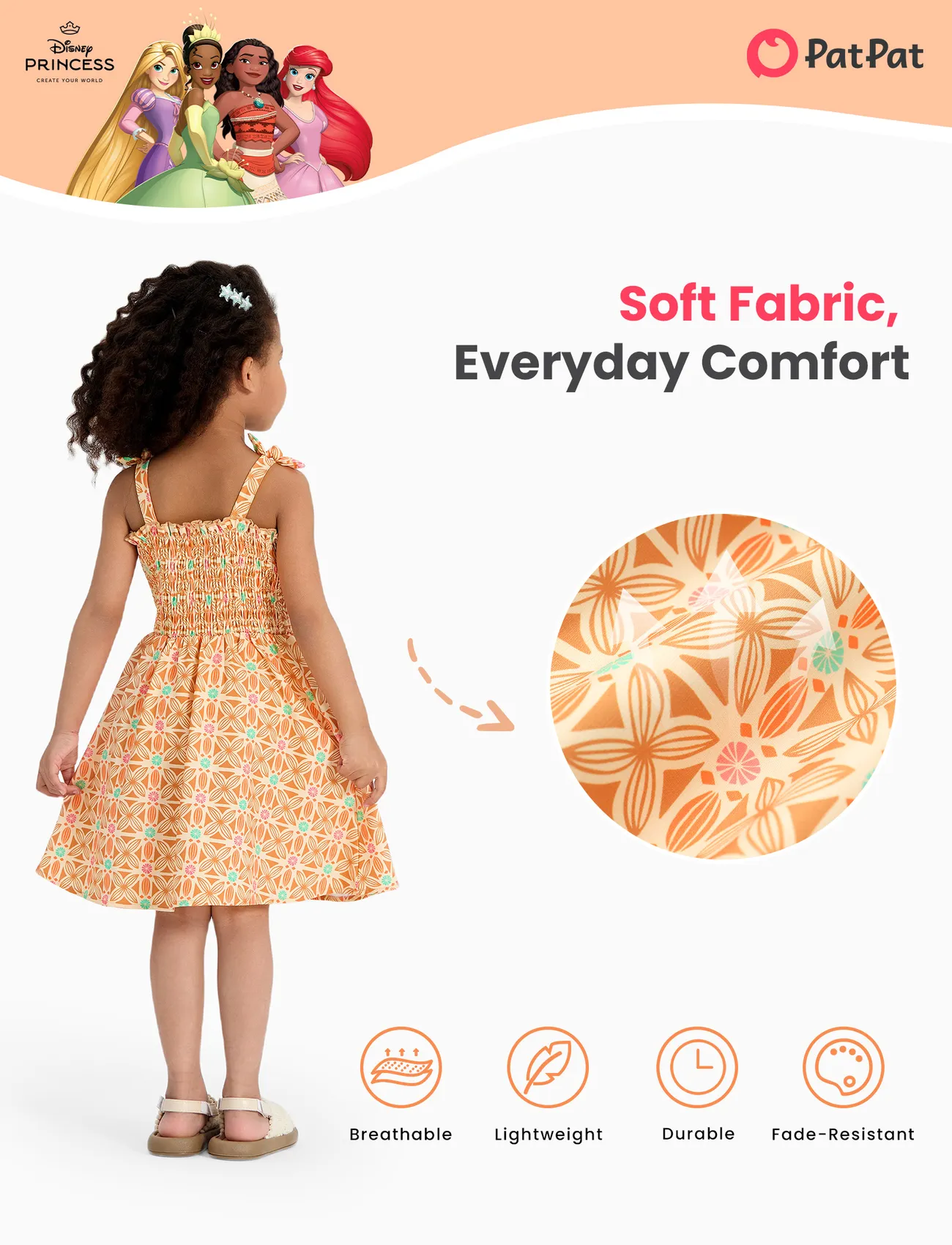 Orange - Disney Princess Moana Toddler Girl Smocked Orange Summer Dress - image 5