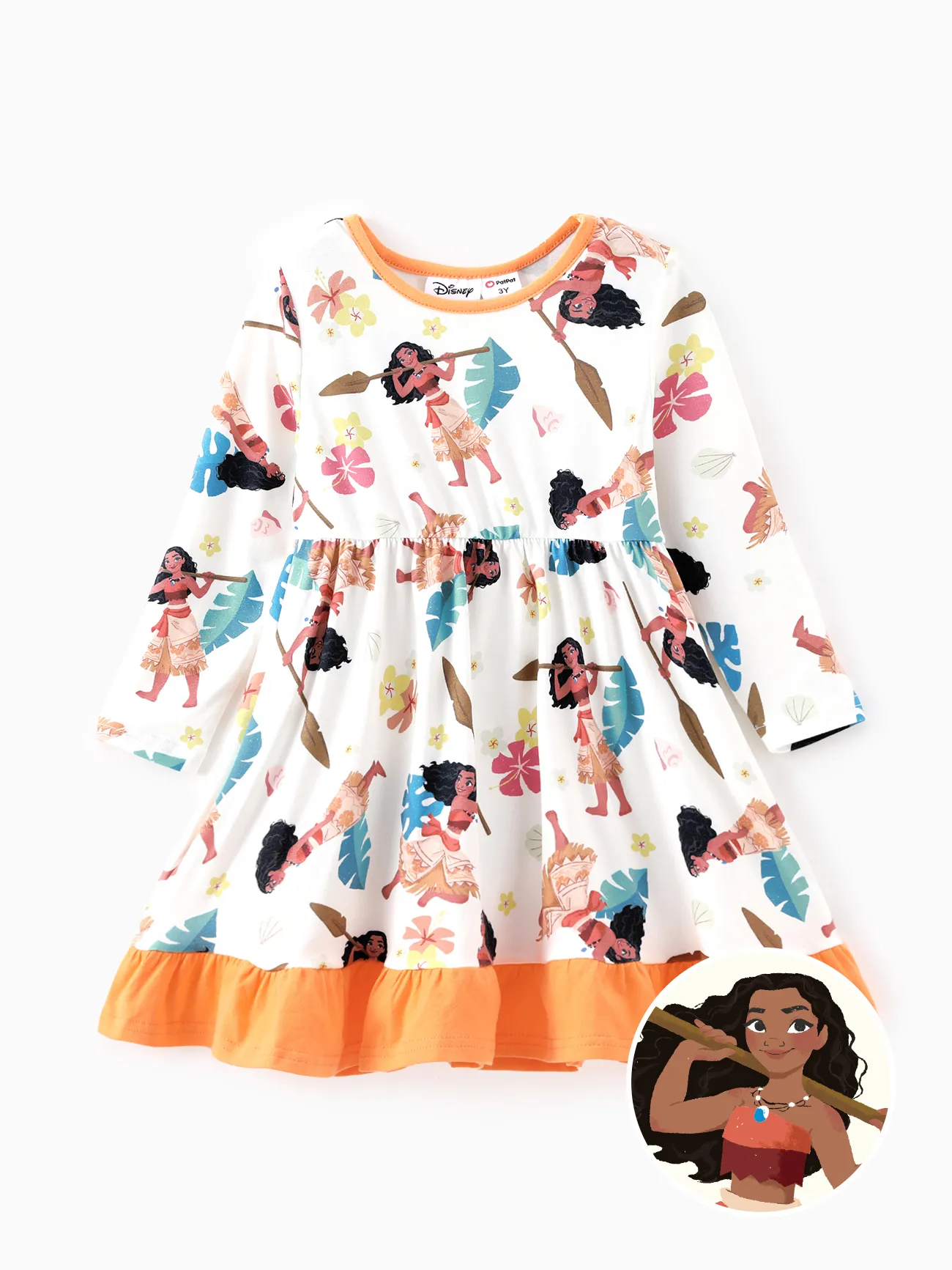 Princesa Disney Toddler Girls Moana 1pc Vestido de manga larga con dobladillo con volantes con estampado floral y tropical