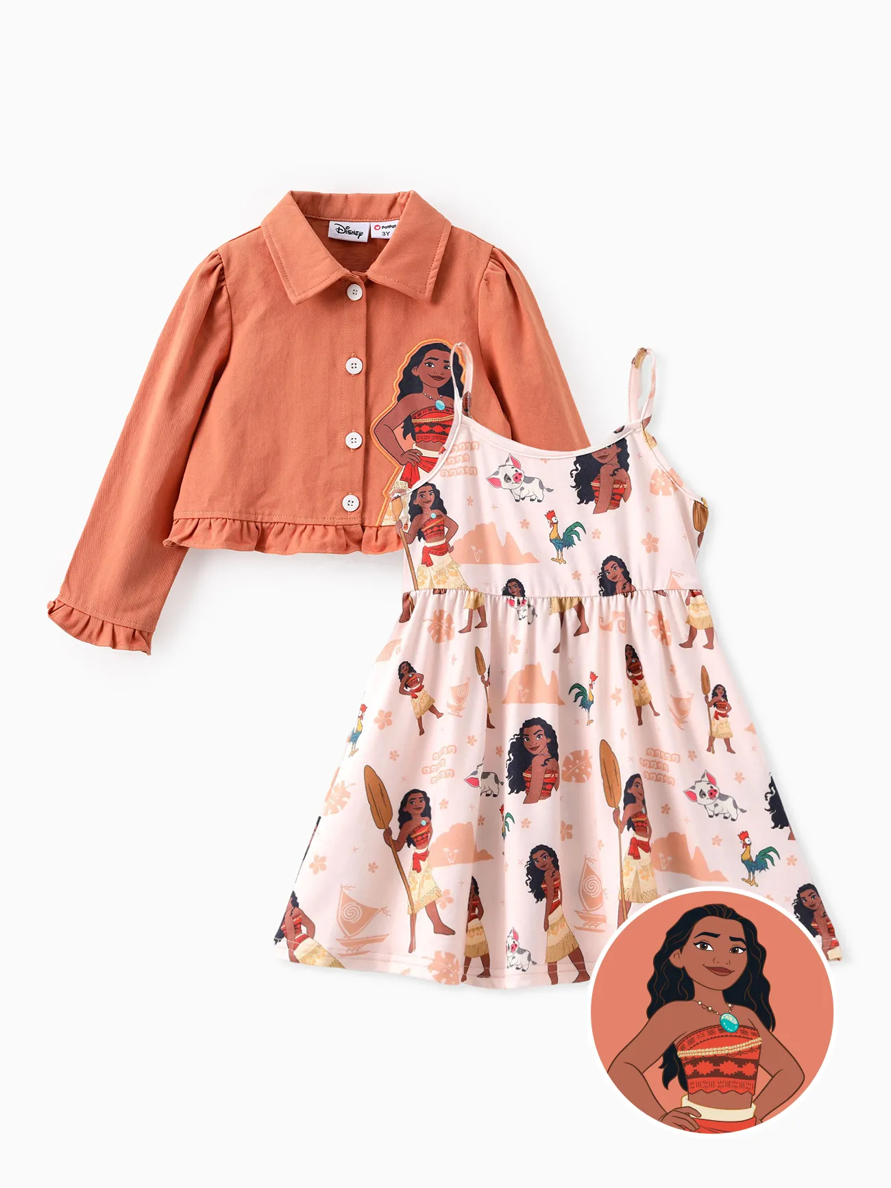 Princesa Disney Niña Pequeña 2pcs Moana Belle Rapunzel Naia™ Vestido con Conjunto de Chaqueta de Algodón