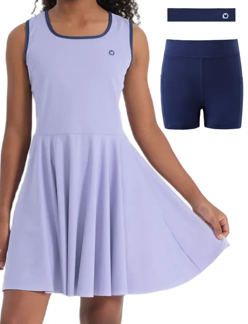 Kid Girl Athletic Tennis Dress Dress con fascia e pantaloncini in viscosa di bambù con tasche