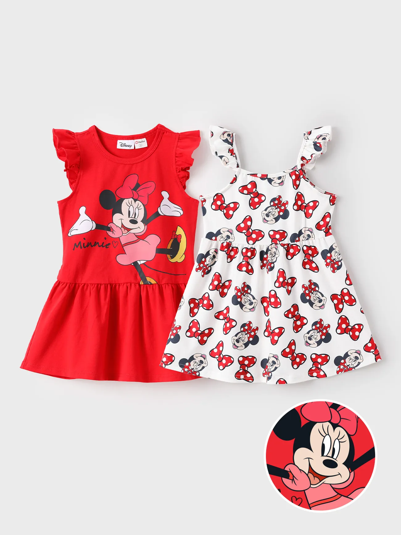 Disney Mickey and Friends Toddler Girl 2-pack Cotton And Naia™ Minnie Mouse Floral/Bowknot Print Ruffle-sleeve Dresses