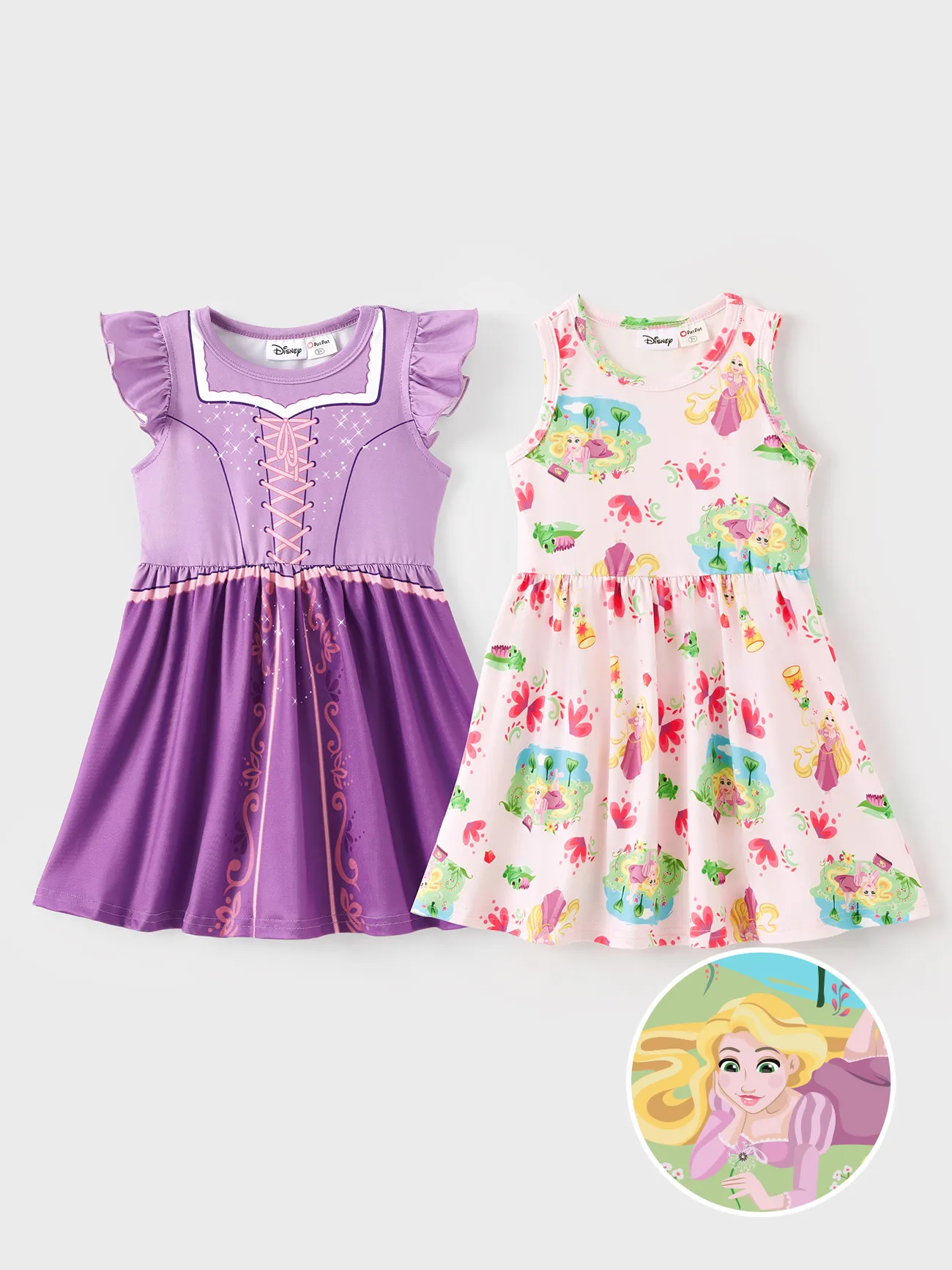 Disney Princess Toddler Girl 2-piece Moana/Beller/Rapunzel  Ruffle-sleeve Dresses Set  Purple