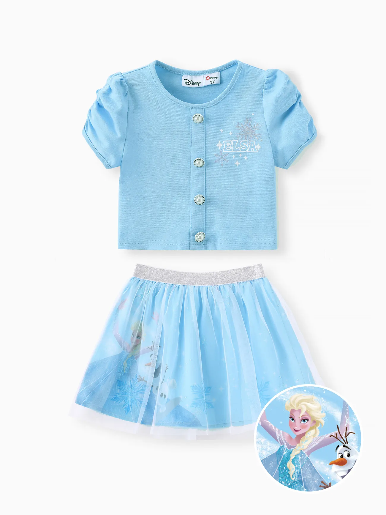 

Disney Frozen Toddler Girls Elsa 2pcs Letter Character Print Puff-sleeve Cotton Top with Mesh Skirt Set