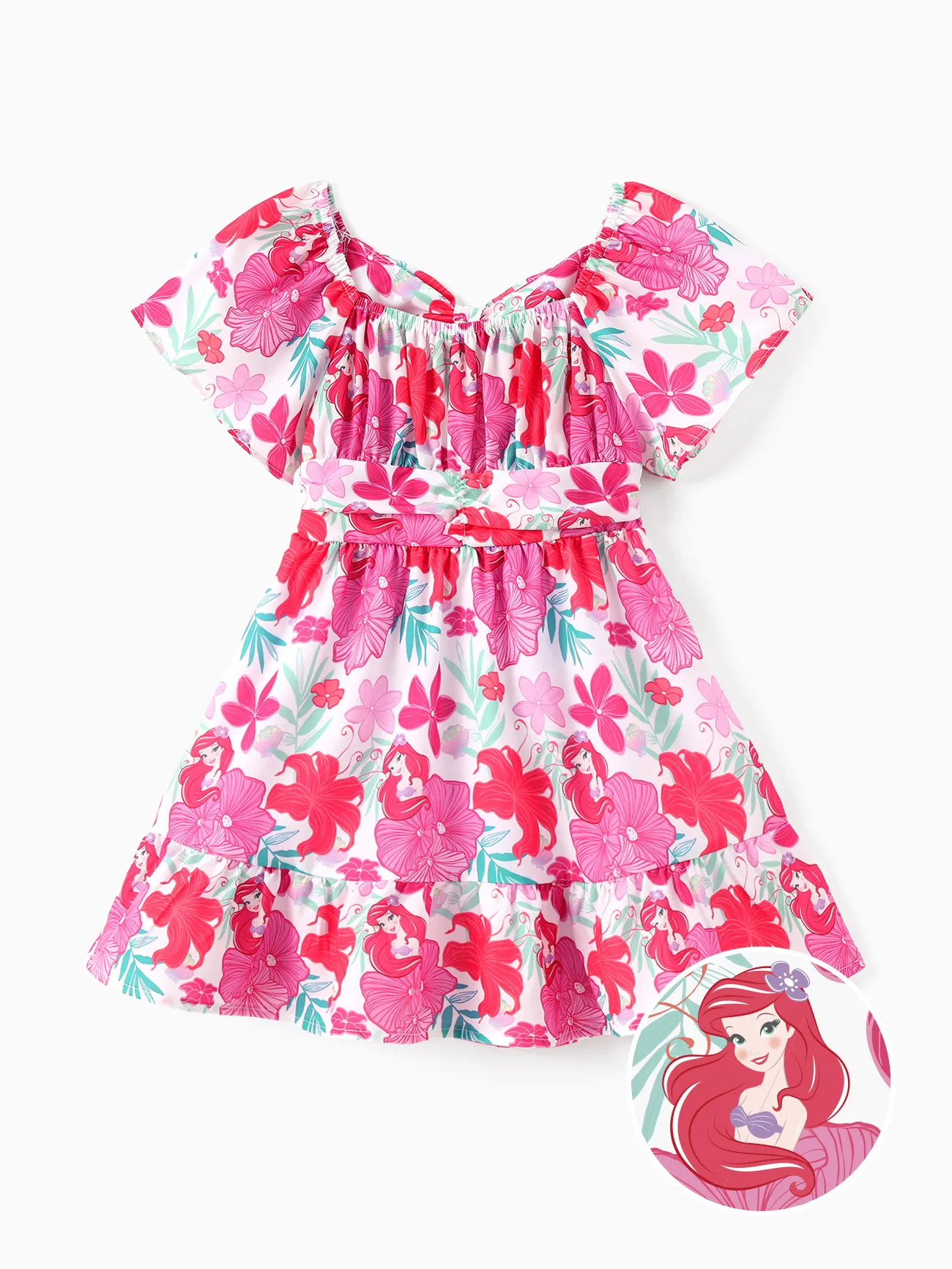 White - Disney Princess Toddler Girl Ariel/Moana Floral Print Ruffled Babydoll Dress - image 1