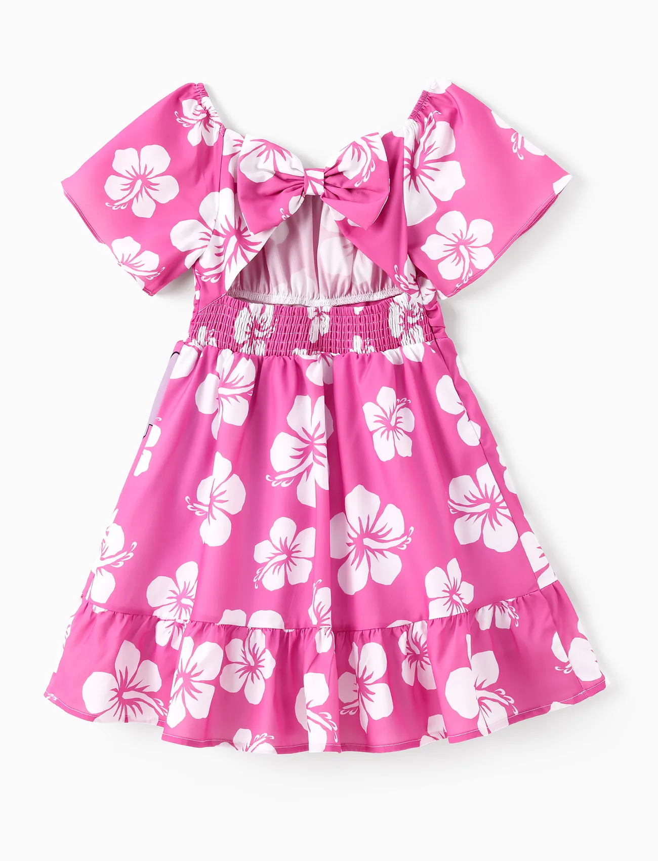 Hot Pink - Disney Stitch Kid Girl Floral/Palm Tree Print Ruffled Babydoll Dress - image 2