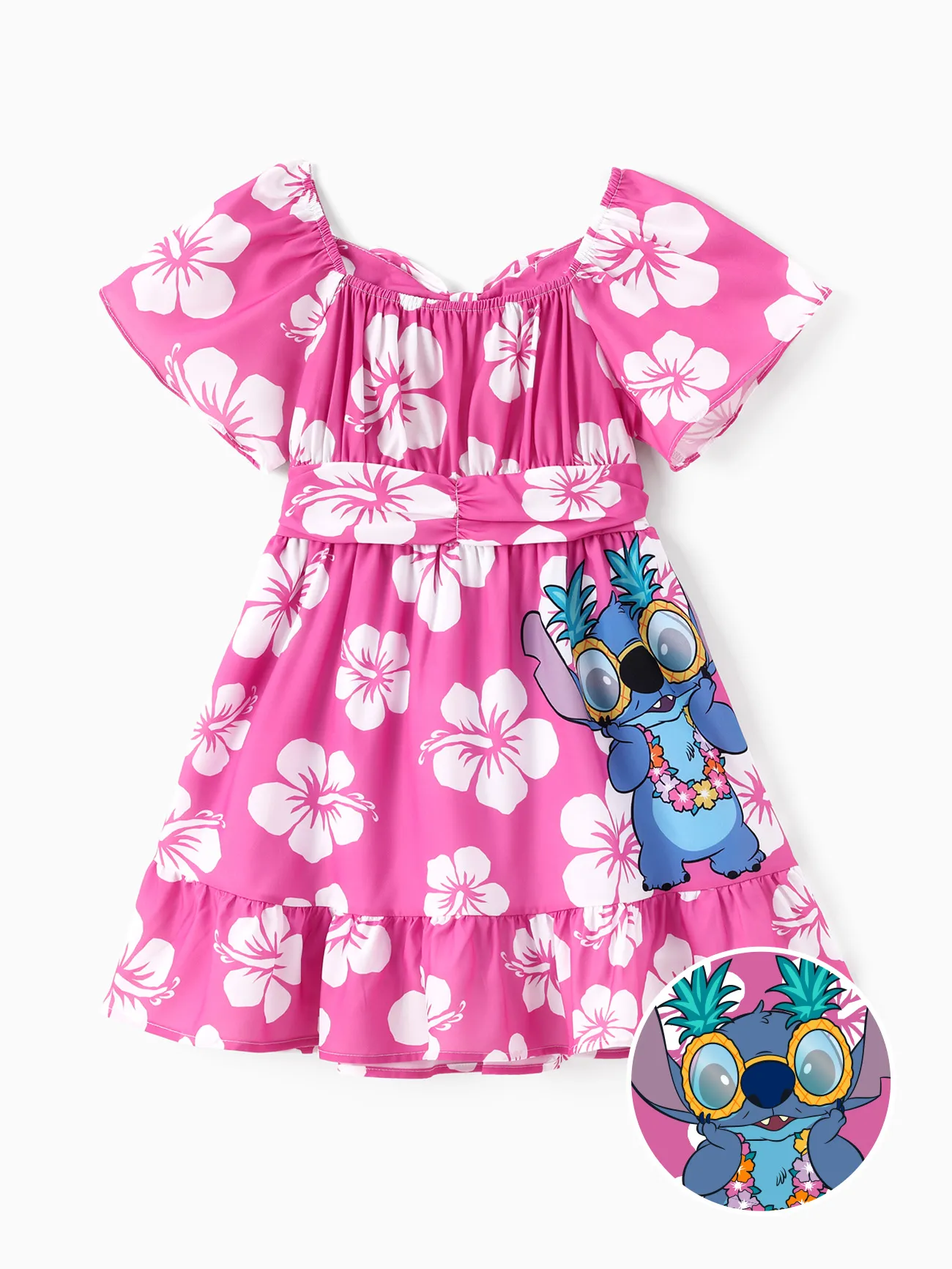 Hot Pink - Disney Stitch Kid Girl Floral/Palm Tree Print Ruffled Babydoll Dress - image 1