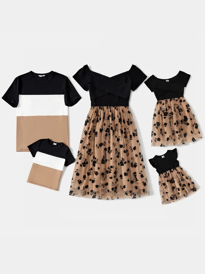 Vestidos de malla con estampado floral a juego con la familia y blusas de manga corta con bloques de color