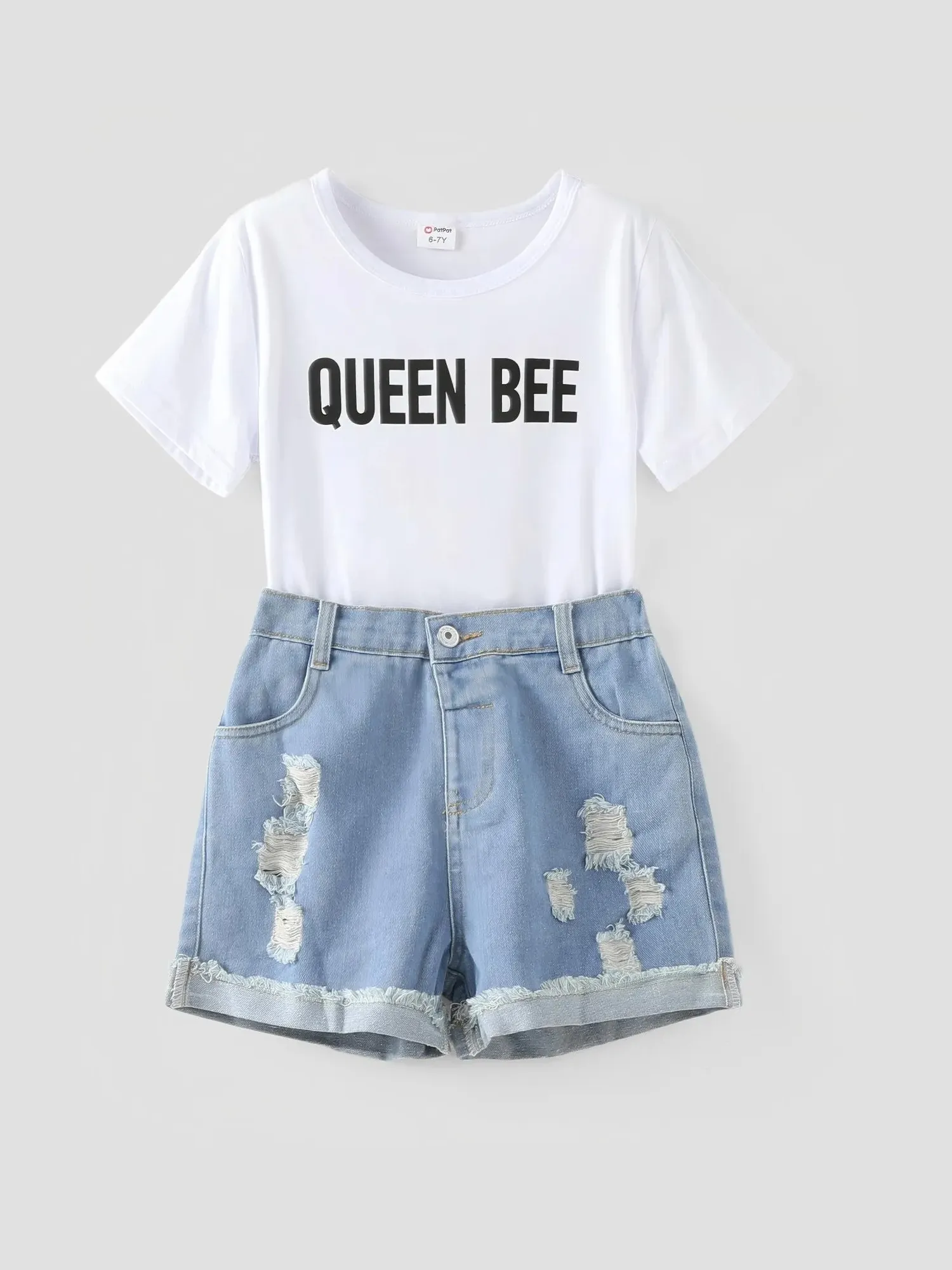 2pcs Kid Girl Letter Print Short-sleeve White Tee and Ripped Denim Shorts Set