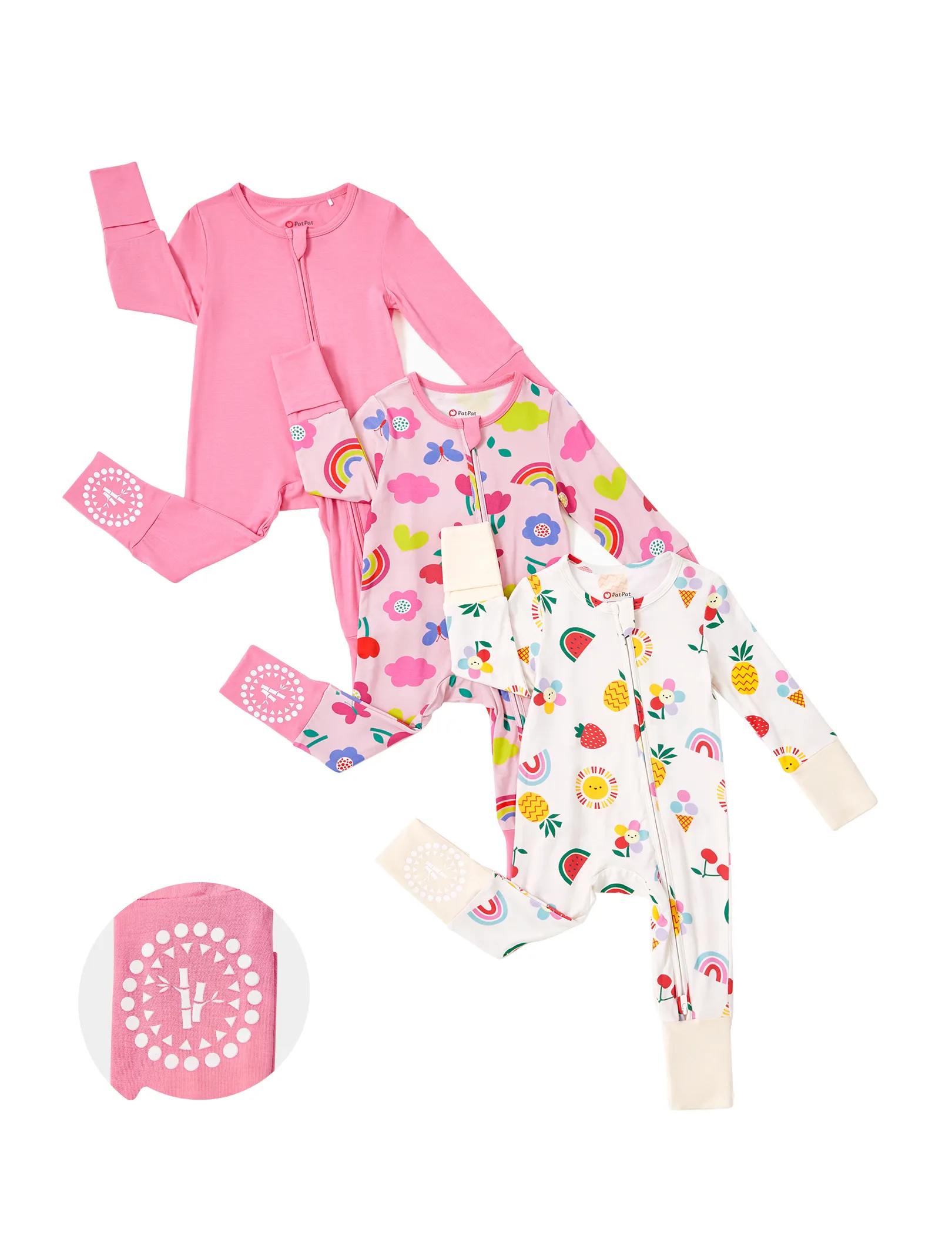 

Bamboo Baby Boy / Girl 3-Pack Solid&Rainbow Printed 2 Way Zipper Anti Slip Long-sleeve Footie