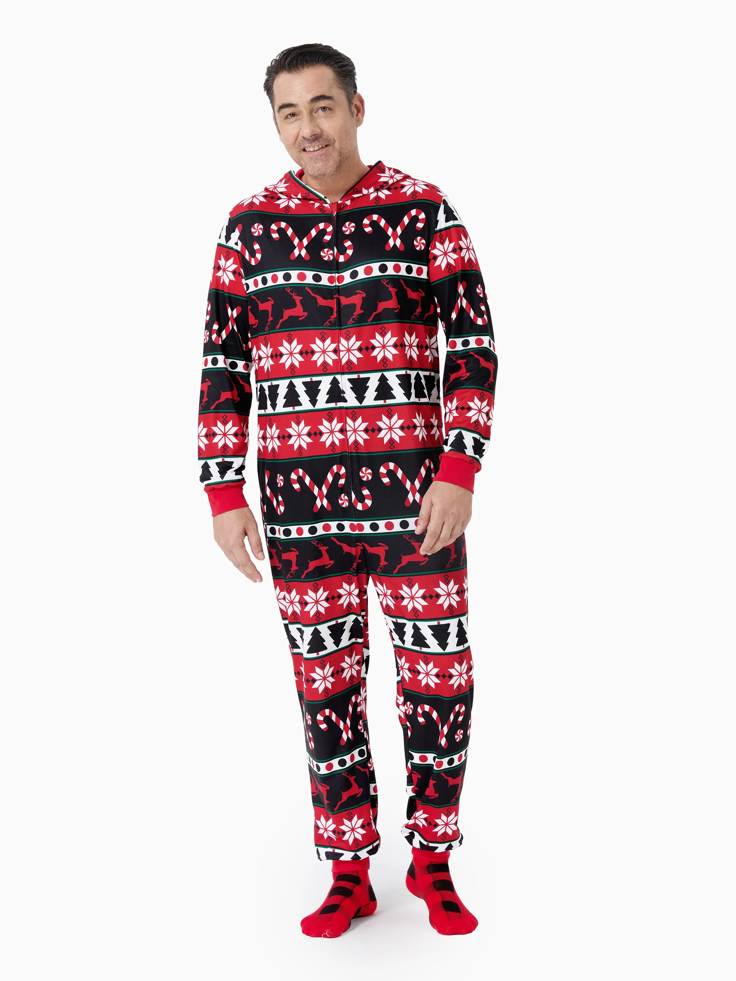 

Christmas Pajamas 3D Reindeer Pattern Zipper Hooded Onesies Matching Family Outfits