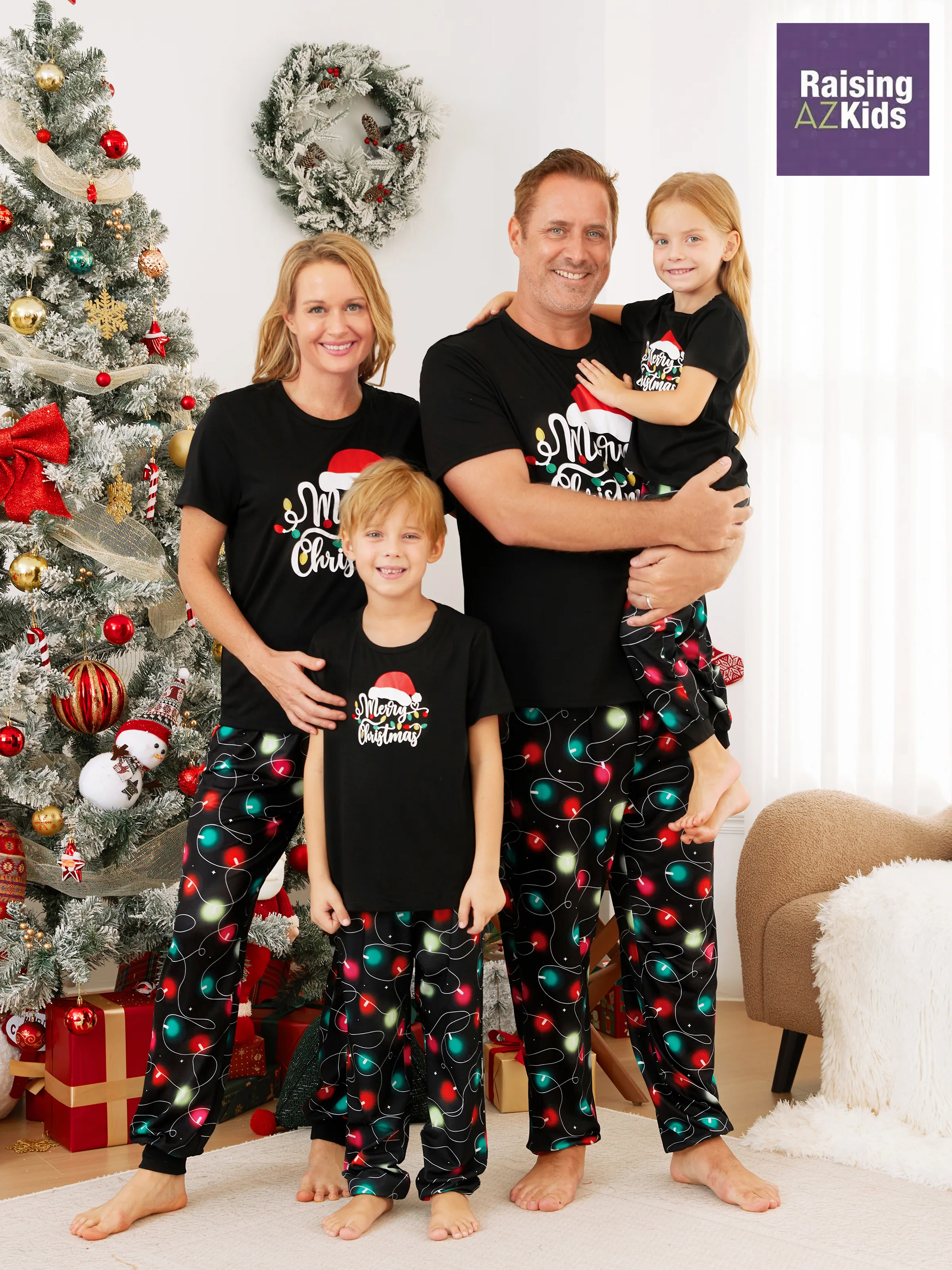 Black Matching Family Pajamas Holiday Christmas Light Bulb Print Short-sleeve Pajamas Sets