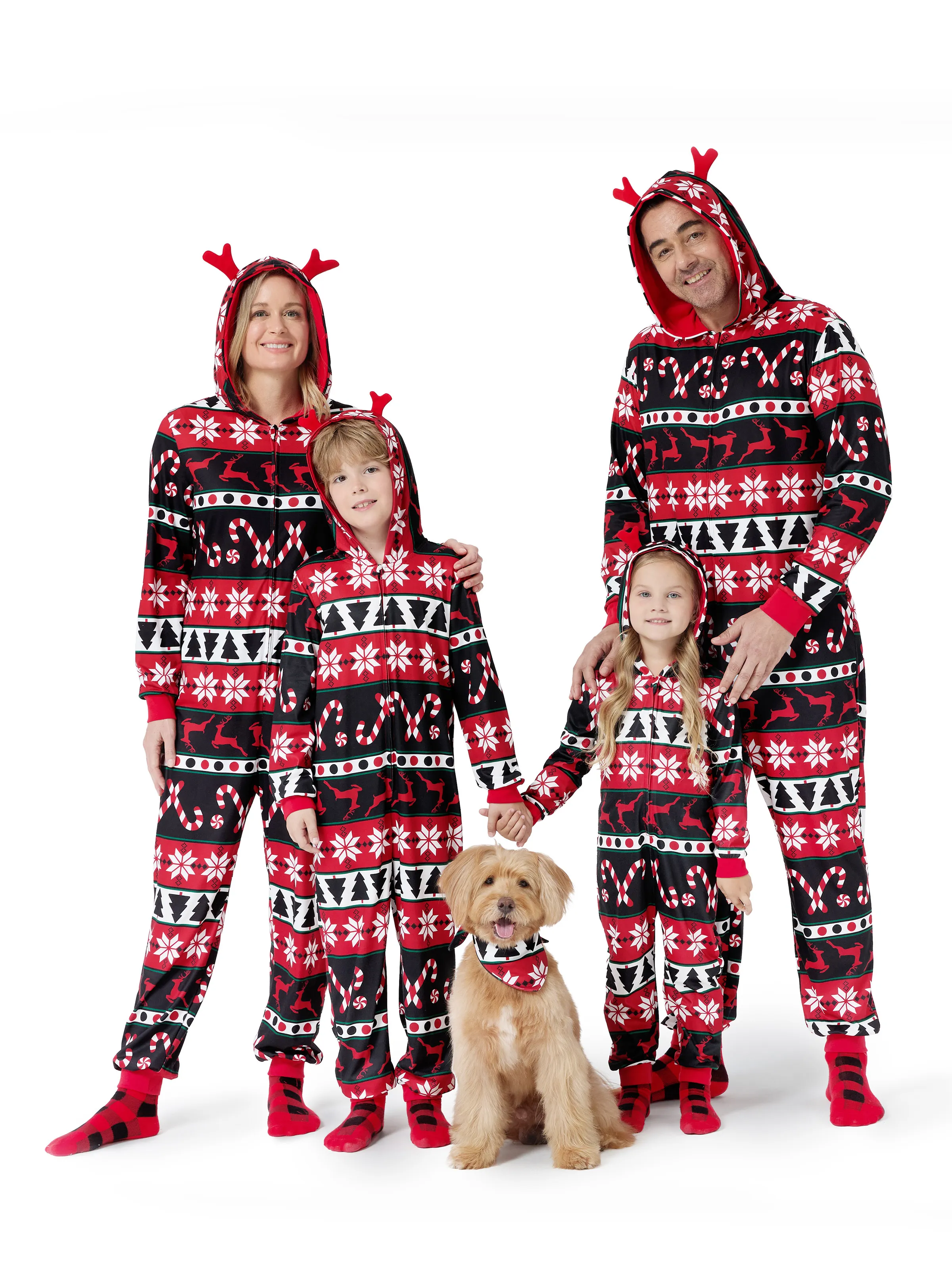 Pijama de Navidad 3D Patrón de reno Cremallera Con capucha Mamelucos a juego Atuendos familiares