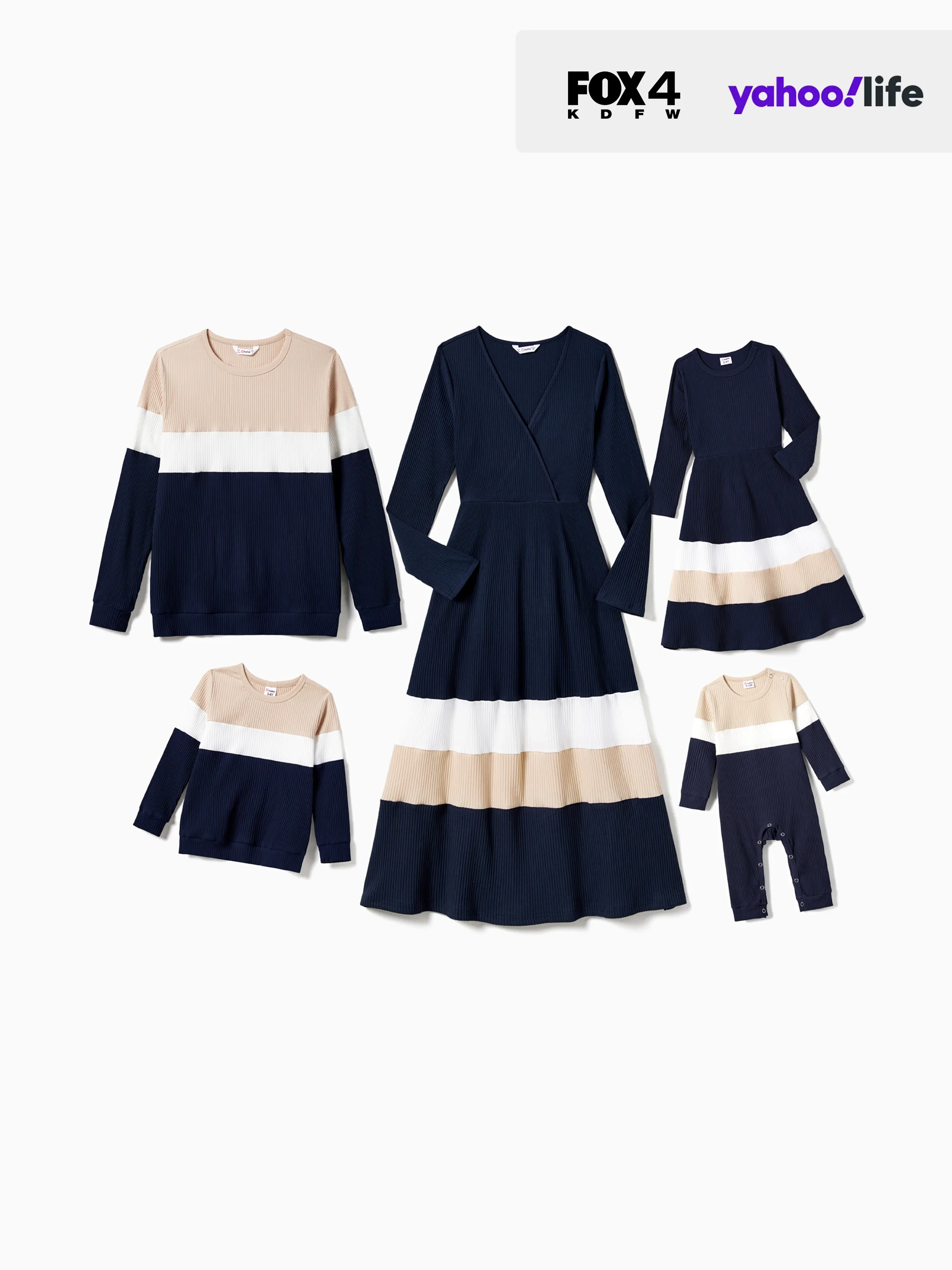 Matching Family Outfits for Fall Pictures - Navy Blue Knit Dresses And Tops Sets Color-Block