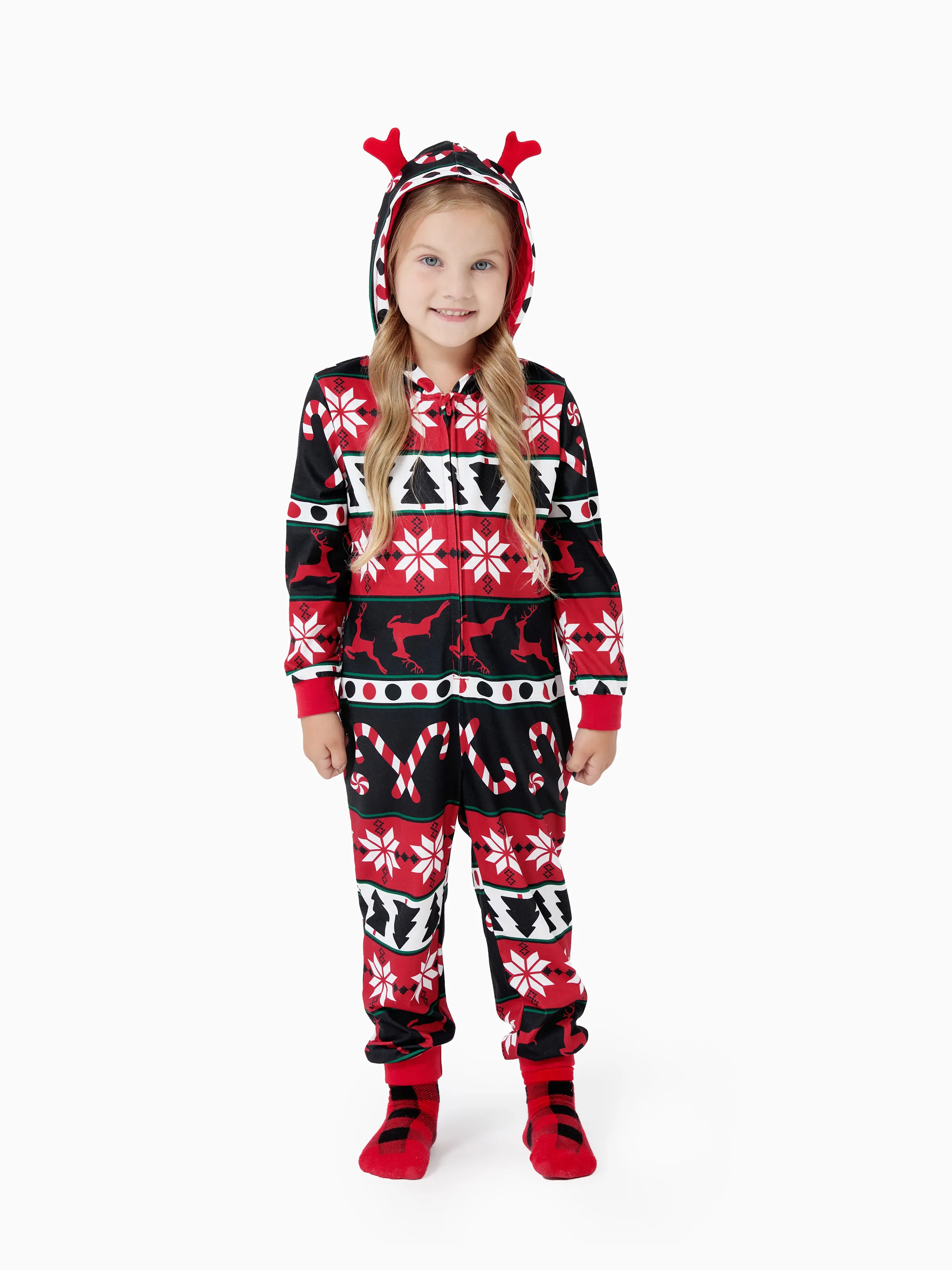

Christmas Pajamas 3D Reindeer Pattern Zipper Hooded Onesies Matching Family Outfits