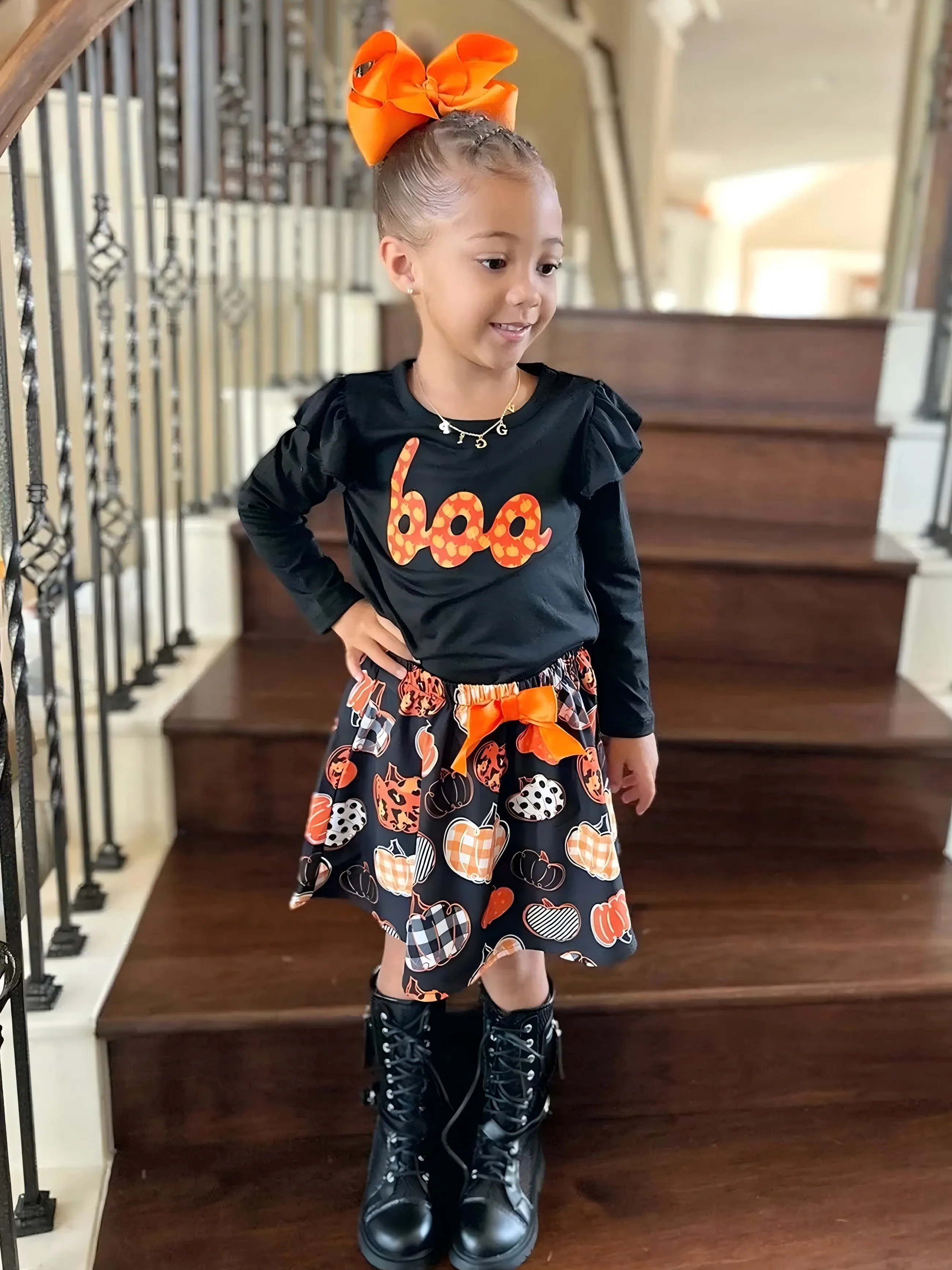 Toddler Girl Halloween 3pcs Letter Tee and Skirt with Headband Set