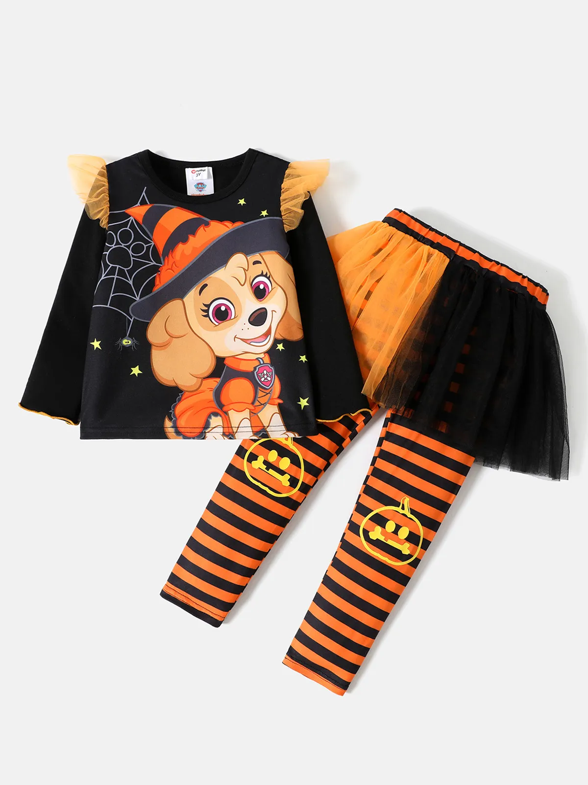 

Paw Patrol 2pcs Toddler Girl Halloween Graphic Long-sleeve Tee and Stripe Mesh Skirt Leggings Set