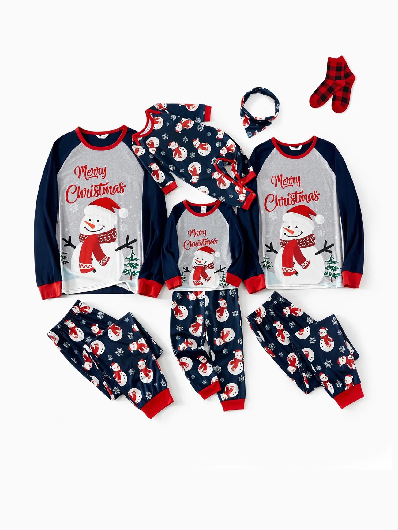 Family Christmas Pajamas Darkblue - Snowman & Red Letter Print