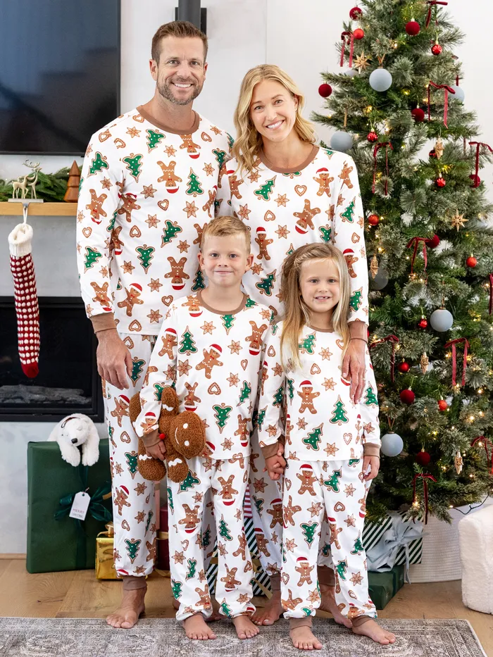 Holiday Family Christmas Pajamas Cartoon Gingerbread and Tree Print Long Sleeve PJS