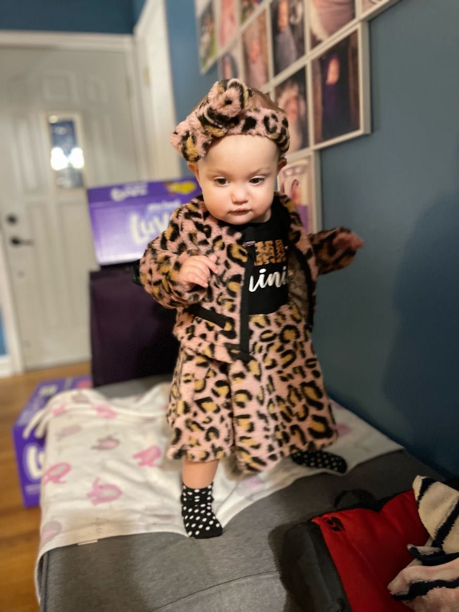 Baby 3pcs Leopard Fleece Long-sleeve Cardigan and Letter Print Splice Dress Set