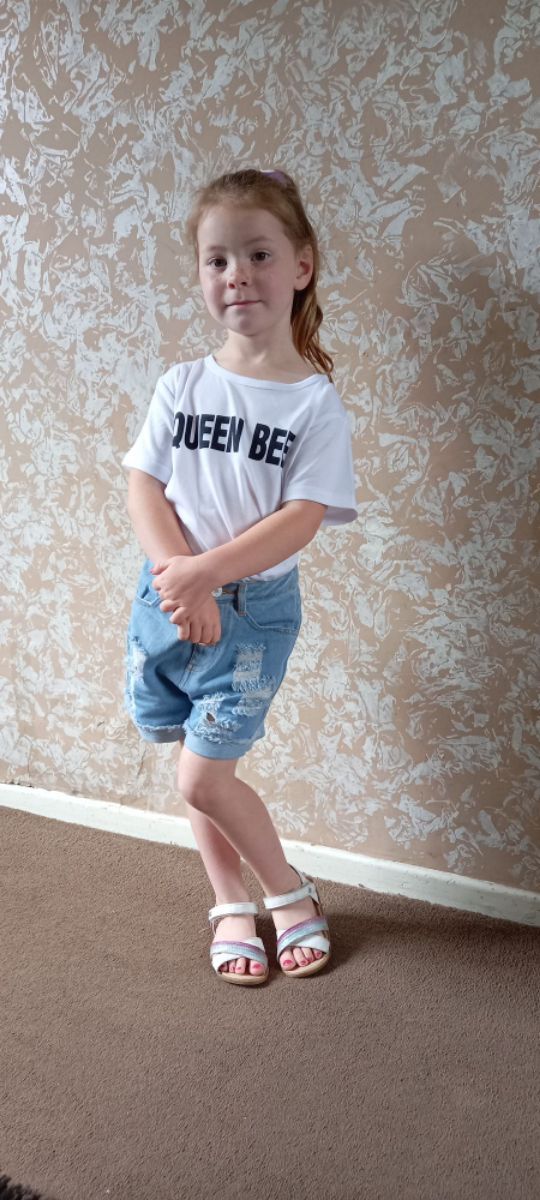 2pcs Kid Girl Letter Print Short-sleeve White Tee and Ripped Denim Shorts Set