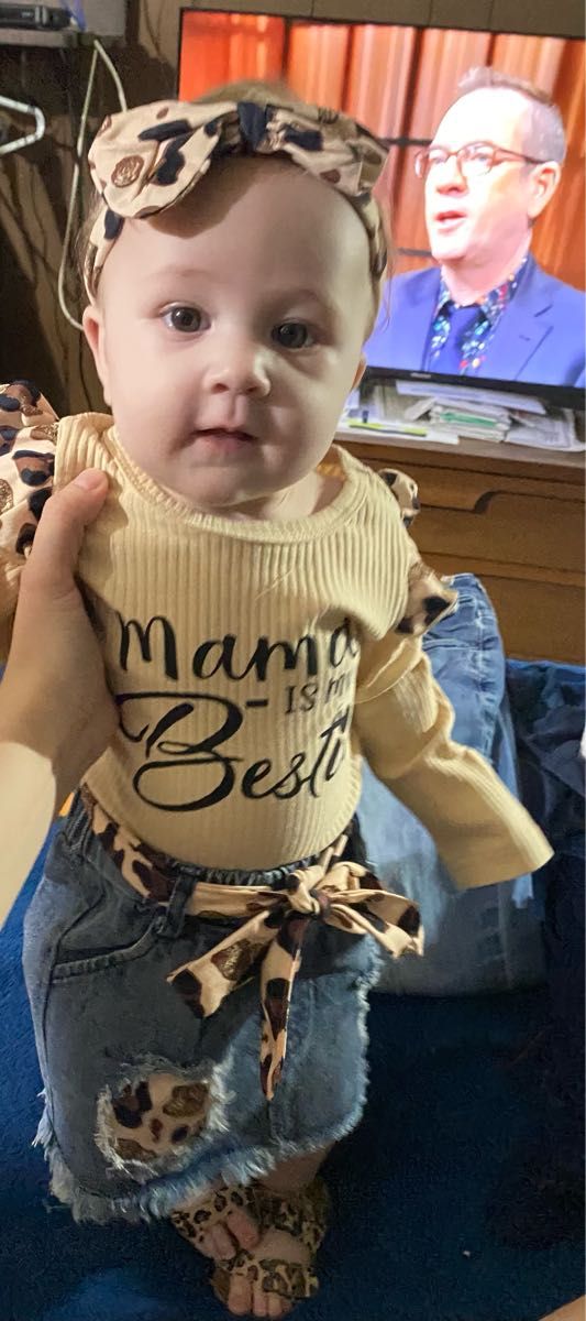 3pcs Baby Girl 100% Cotton Leopard Print Belted Ripped Denim Skirt and Letter Print Rib Knit Long-sleeve Romper with Headband Set
